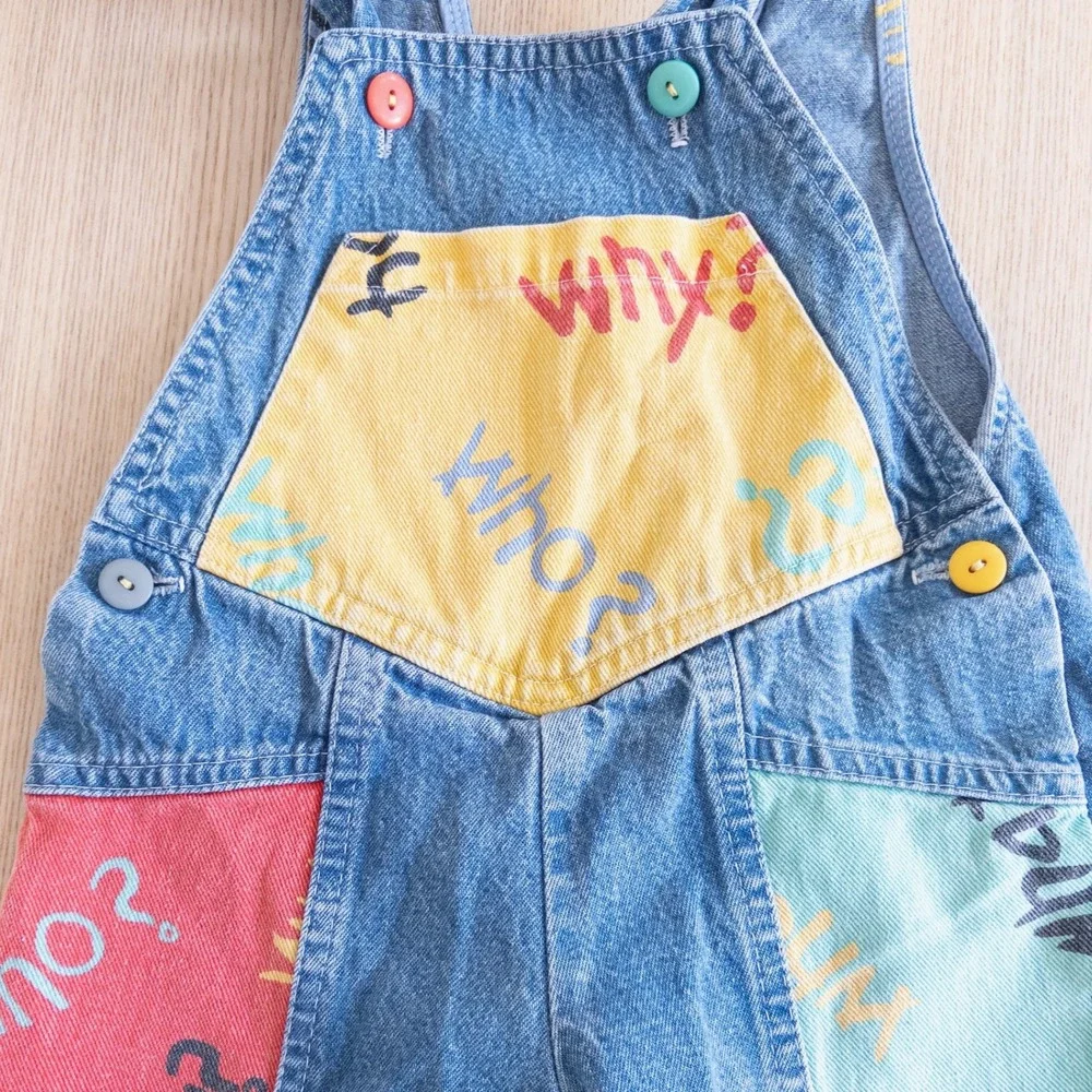 Vintage Cache-Cache Overalls Blue Denim Colorblock Question Print Kids 24 Months